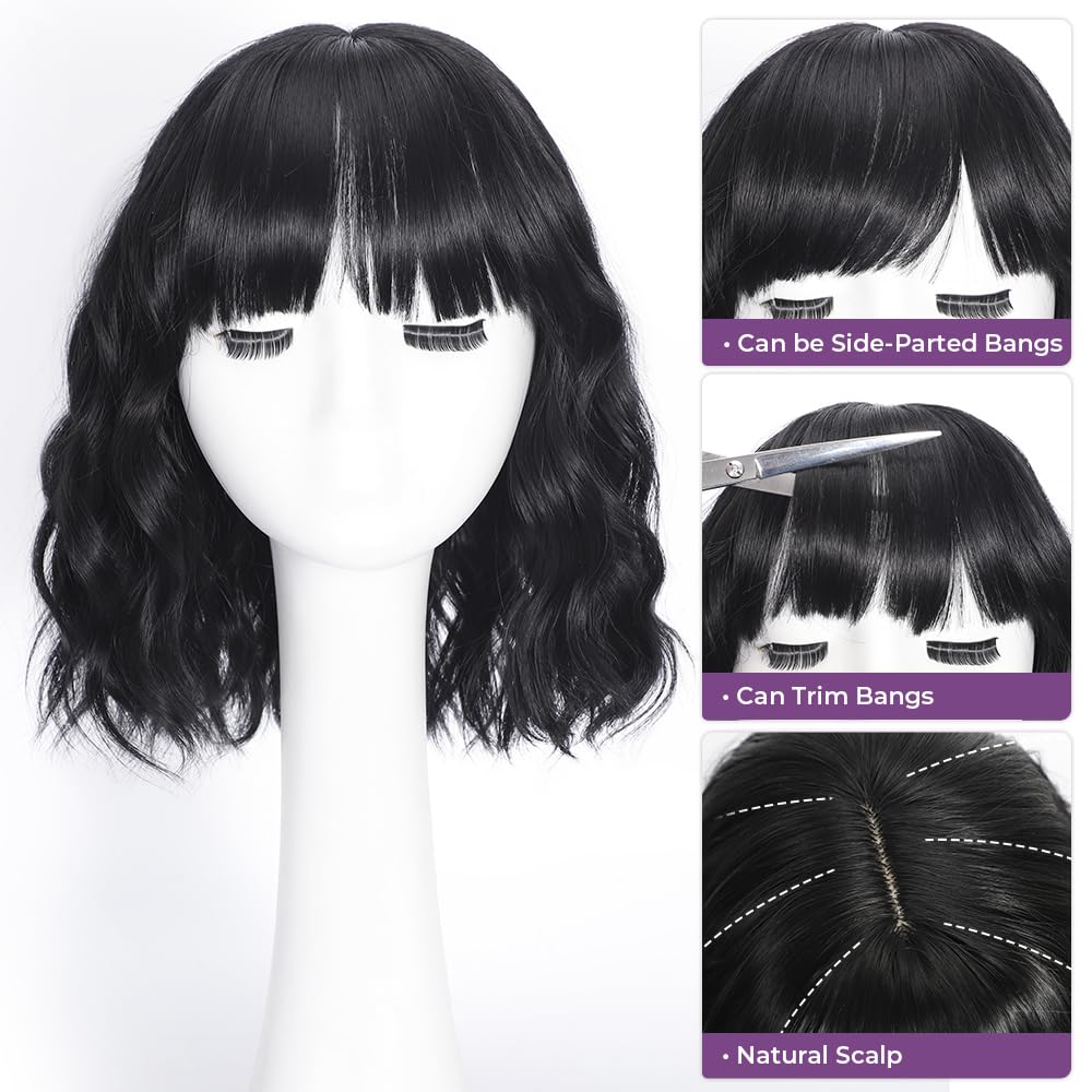 iAelev peluca negra con corte bob rizado y flequillo, estilo elegante para eventos.