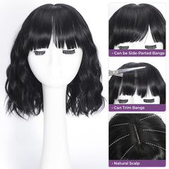 iAelev peluca negra con corte bob rizado y flequillo, estilo elegante para eventos.
