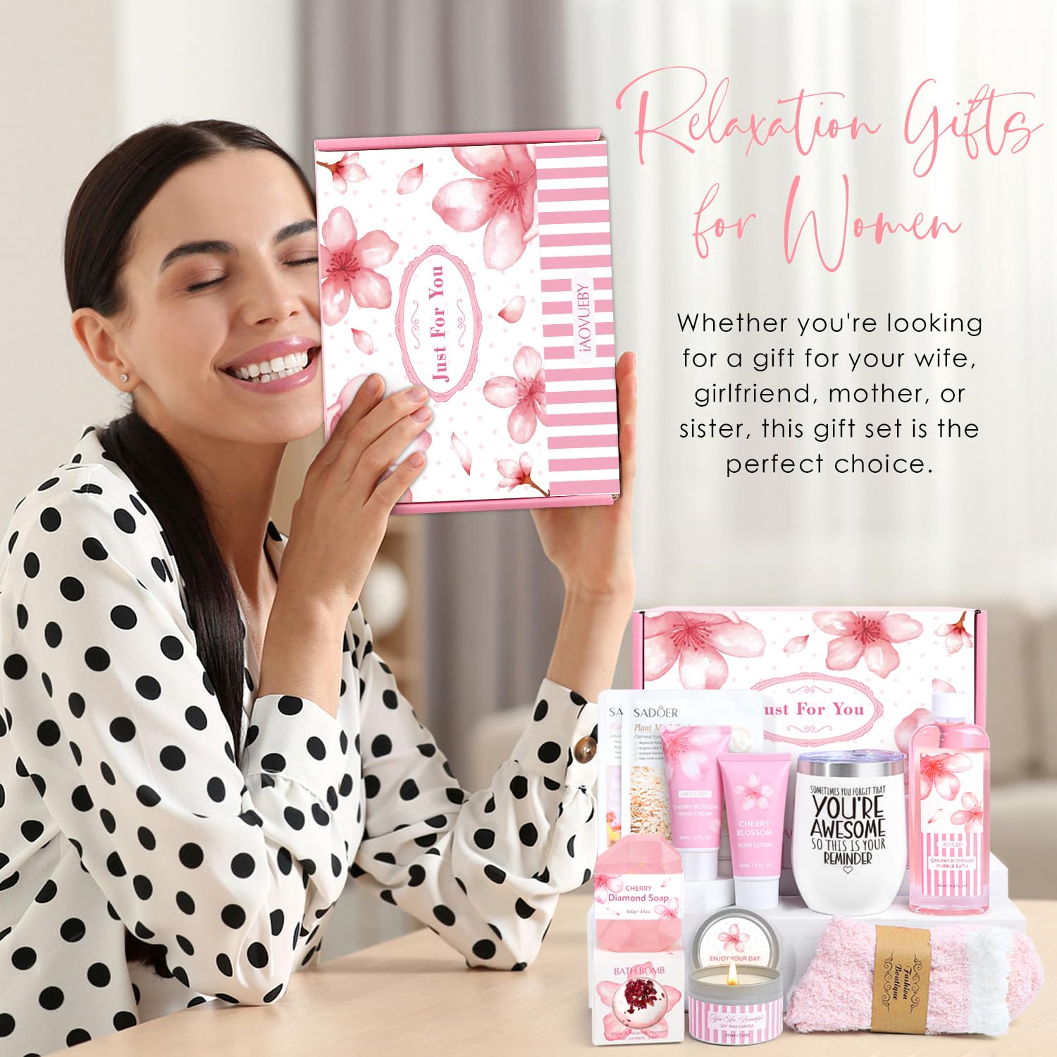 iAOVUEBY bath gift set tumbler image highlights a heat-holding steel tumbler for drinks.