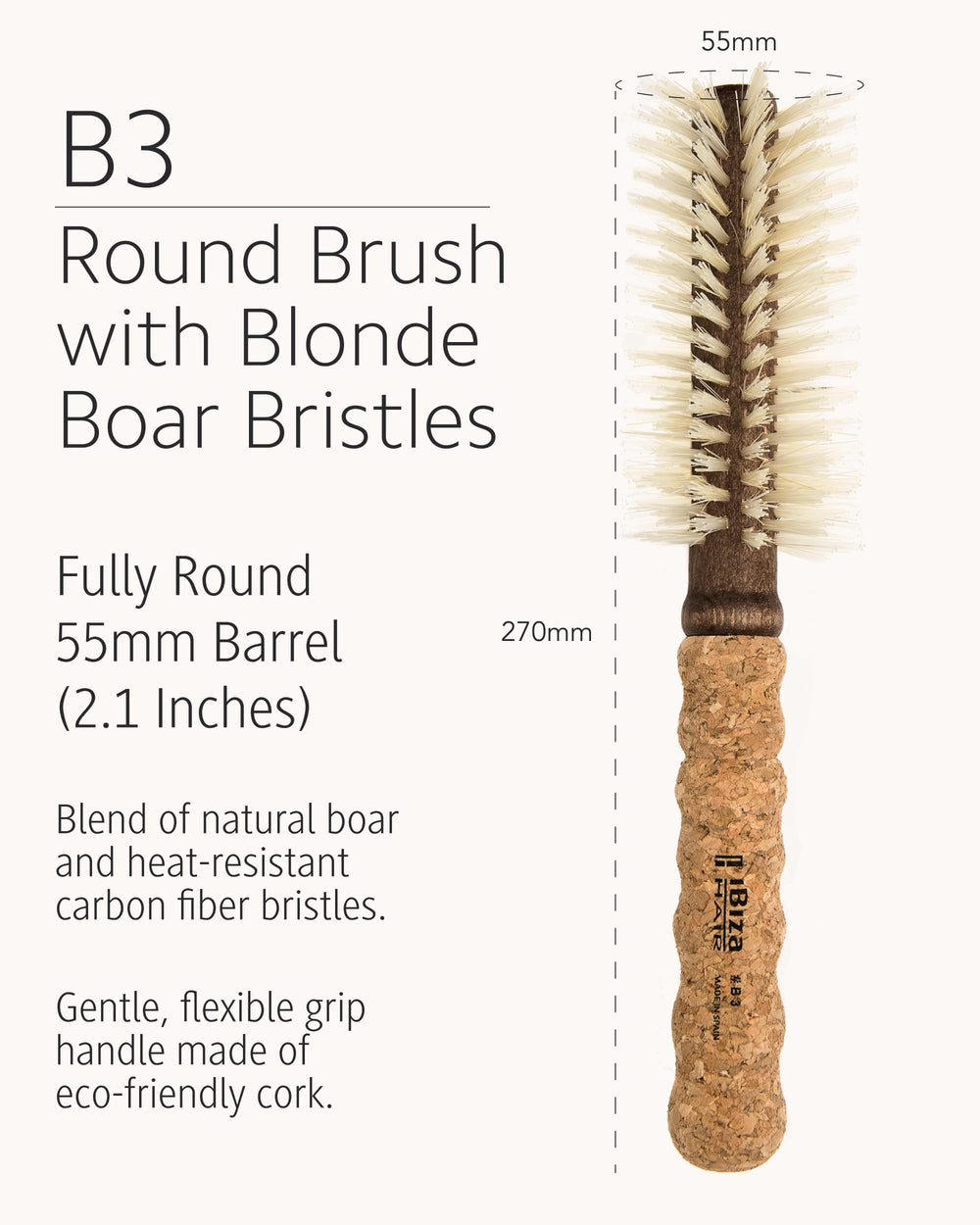 Ibiza Hair boar bristle round brush extended cork handle for comfortable grip