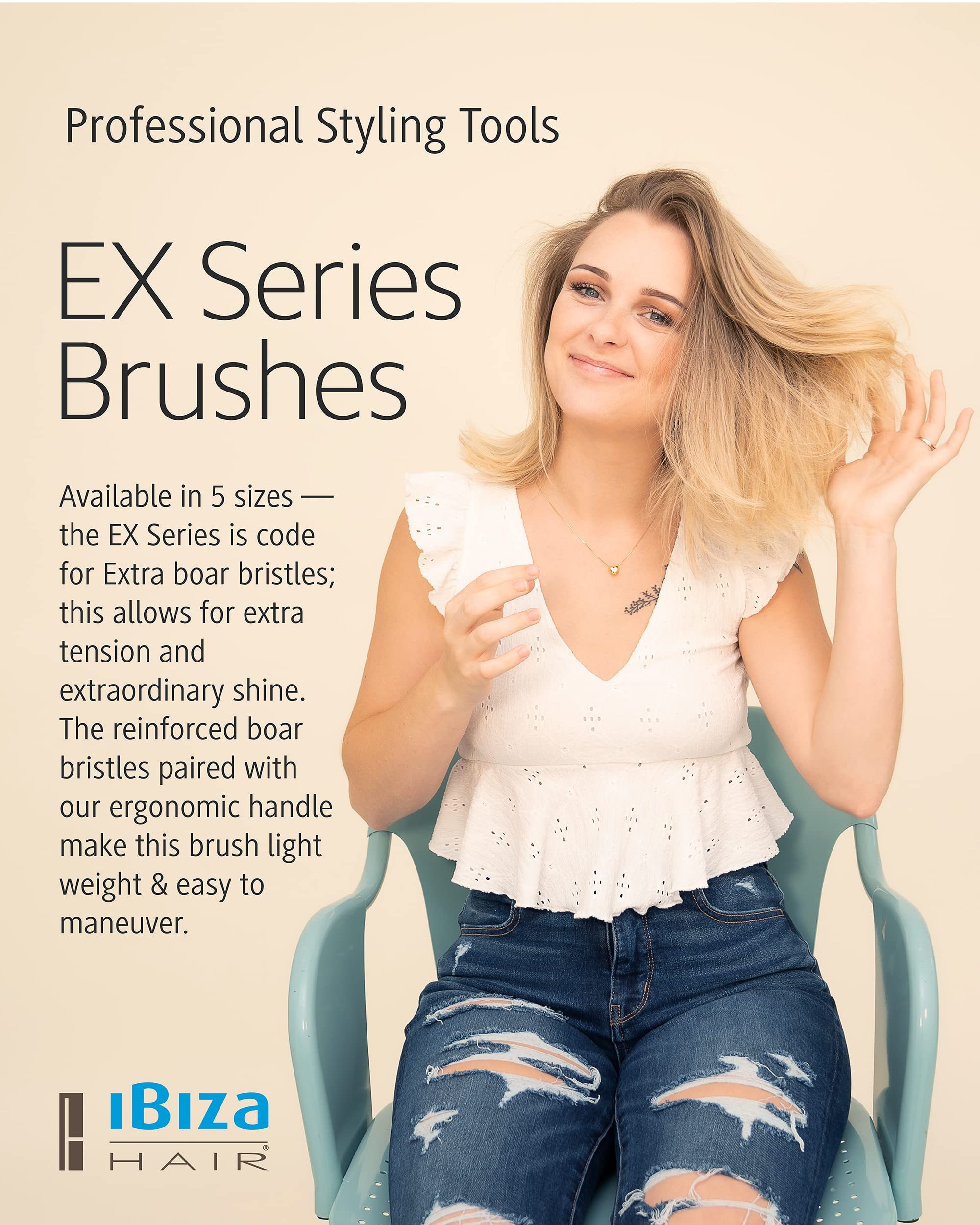 Ibiza Hair Round Boar Bristle Brush cork handle shown for easy grip during styling
