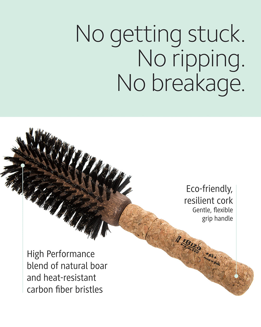 Ibiza Hair Round Boar Bristle Brush EX4-65mm bristles close-up emphasizes reinforced boar performance.