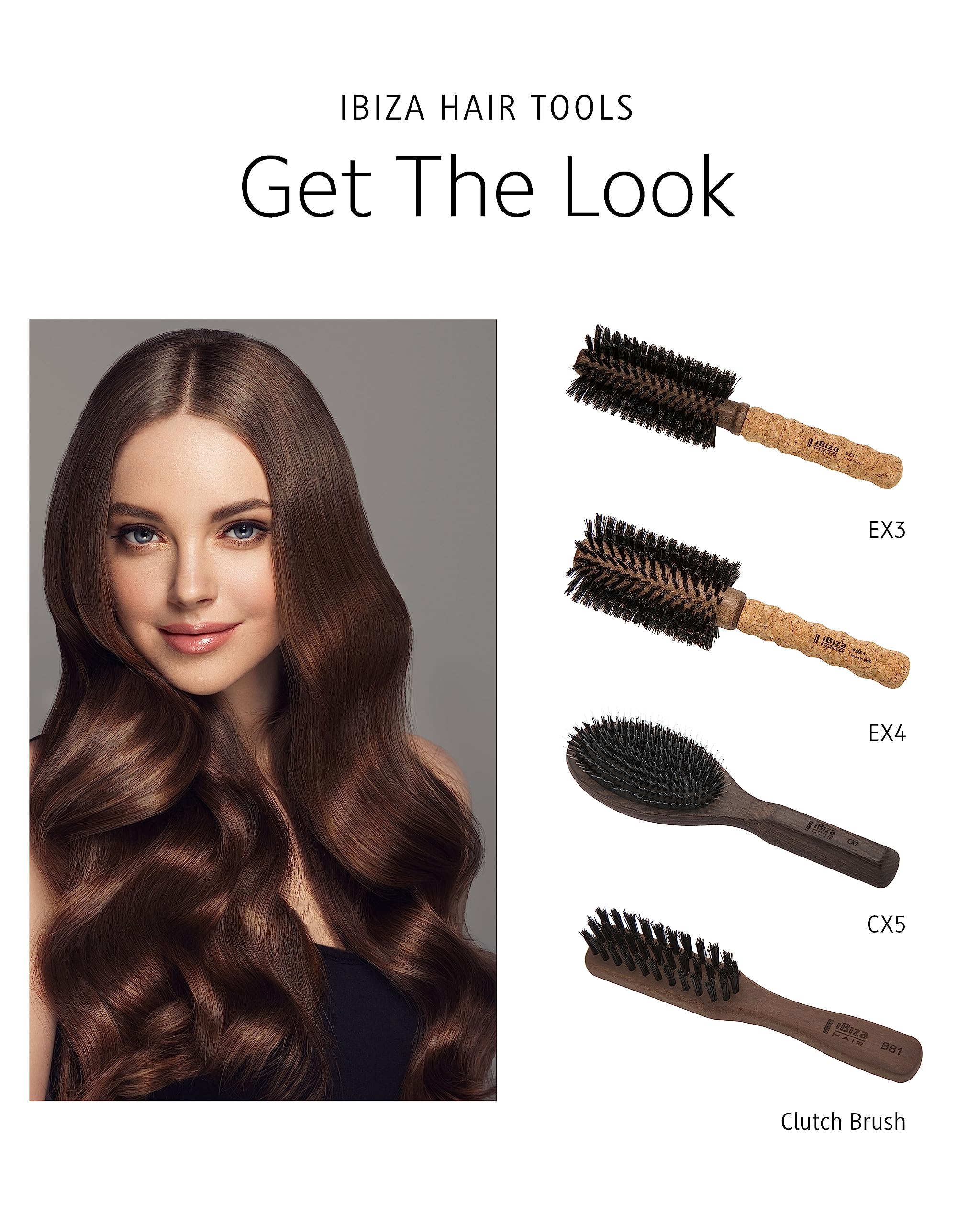 Ibiza Hair Round Boar Bristle Brush EX4-65mm cork handle highlights comfortable grip.