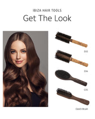 Ibiza Hair Round Boar Bristle Brush EX4-65mm cork handle highlights comfortable grip.