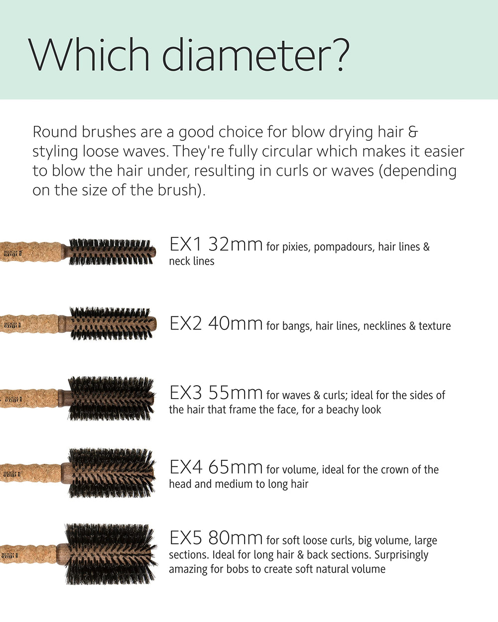 Ibiza Hair Round Boar Bristle Brush EX4-65mm crown volume use demonstrating lift at the crown.