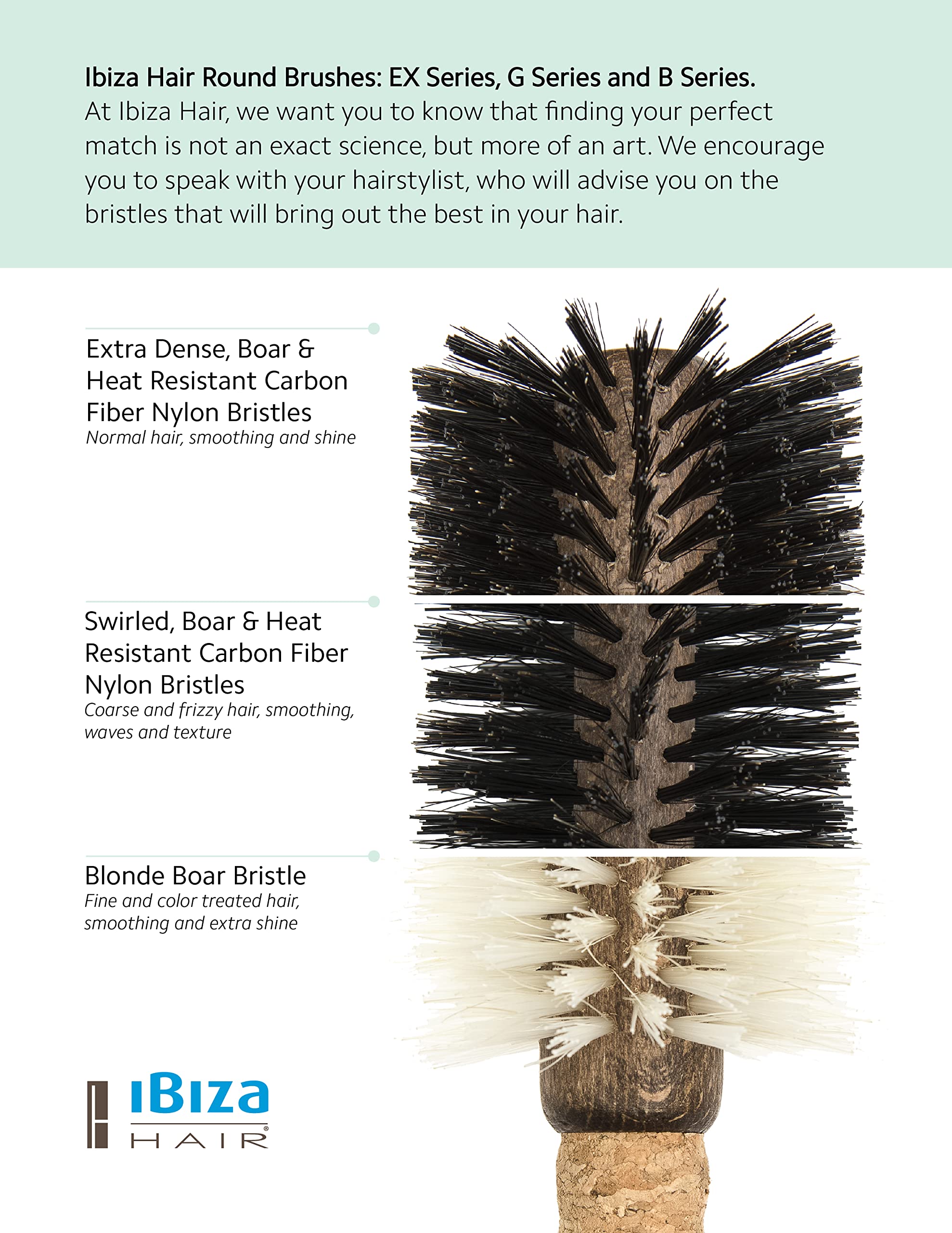 Ibiza Hair Round Boar Bristle Brush EX4-65mm ergonomic grip for steady styling.