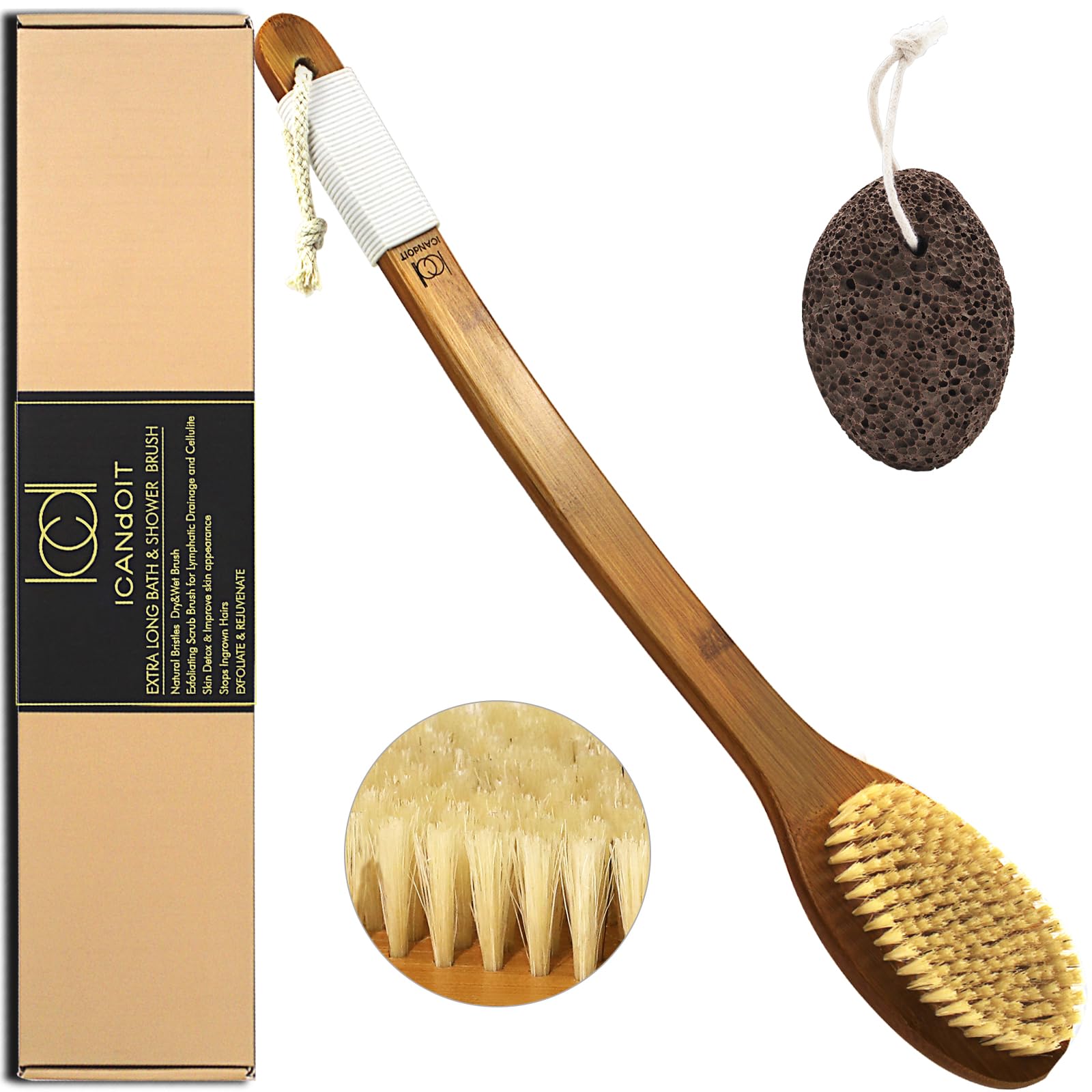 ICANdOIT back brush with natural boar bristles for deep exfoliation and dirt removal.