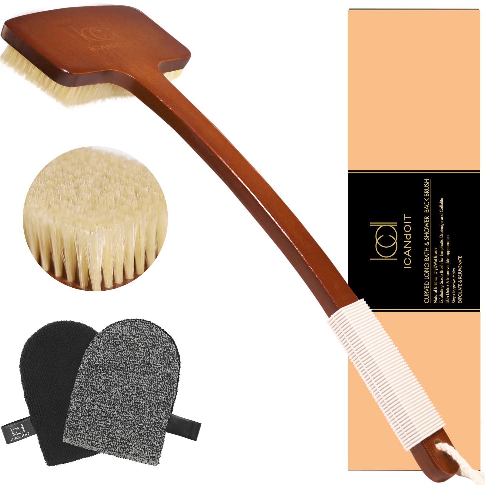 ICANdOIT Exfoliation Set back brush with long handle for full-body reach and exfoliation