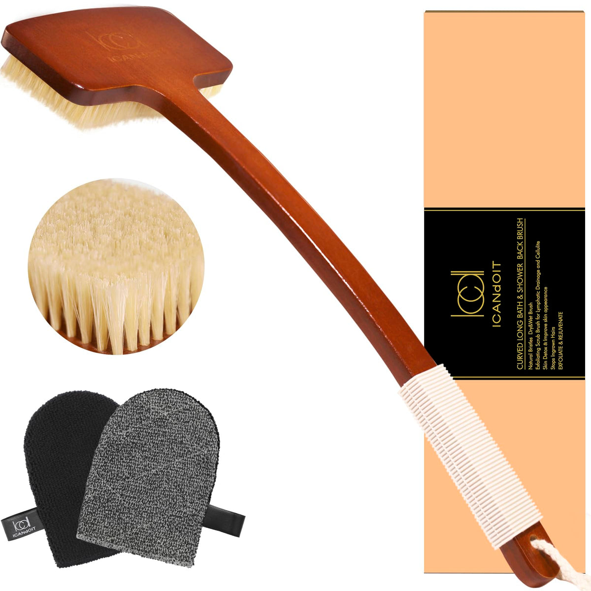 ICANdOIT Exfoliation Set back brush with long handle for full-body reach and exfoliation