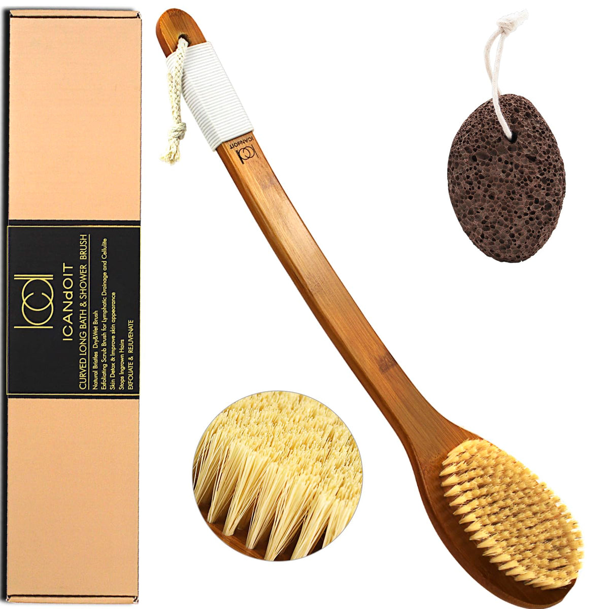 ICANdOIT bath brush with bamboo handle enables full-body back scrubbing