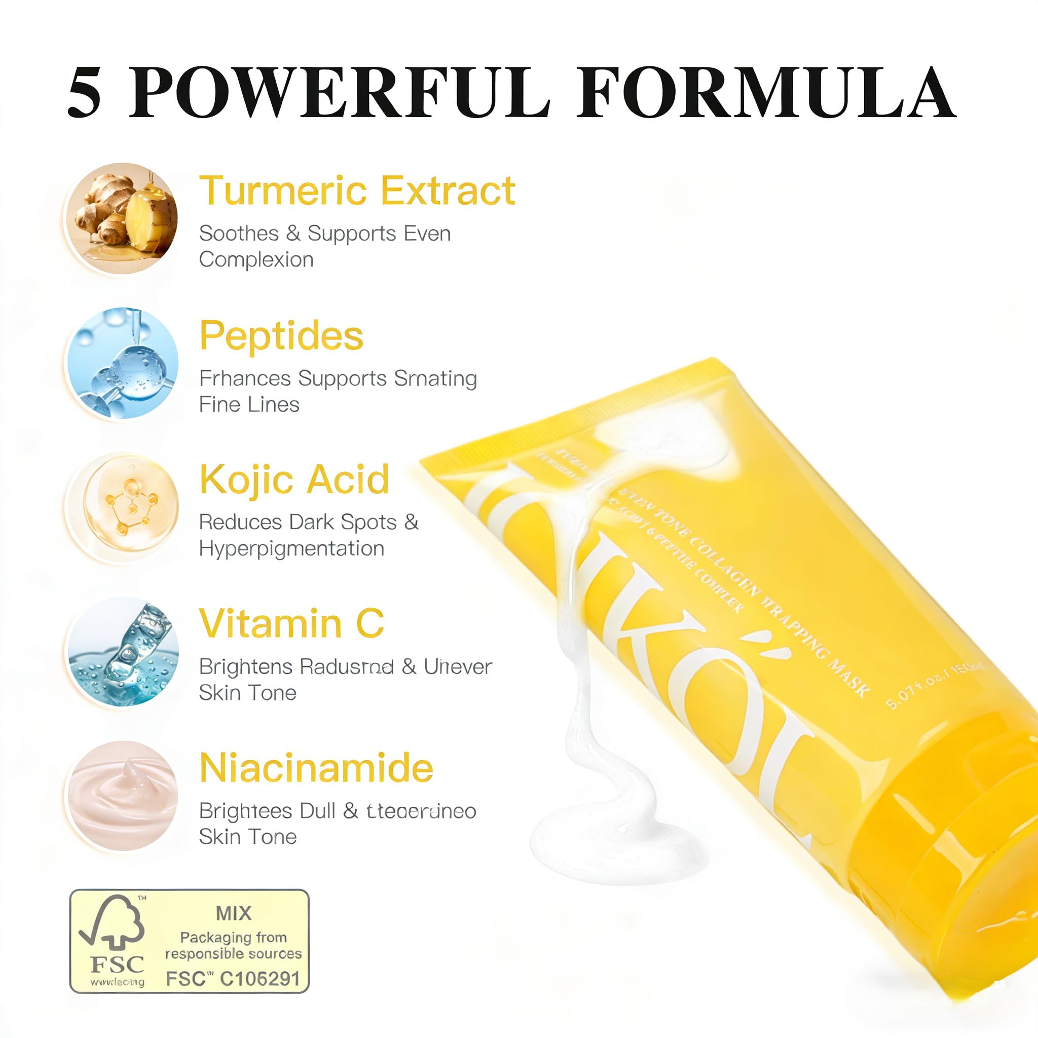 ICIKOL turmeric-collagen mask application swatch shows smooth, even coverage.