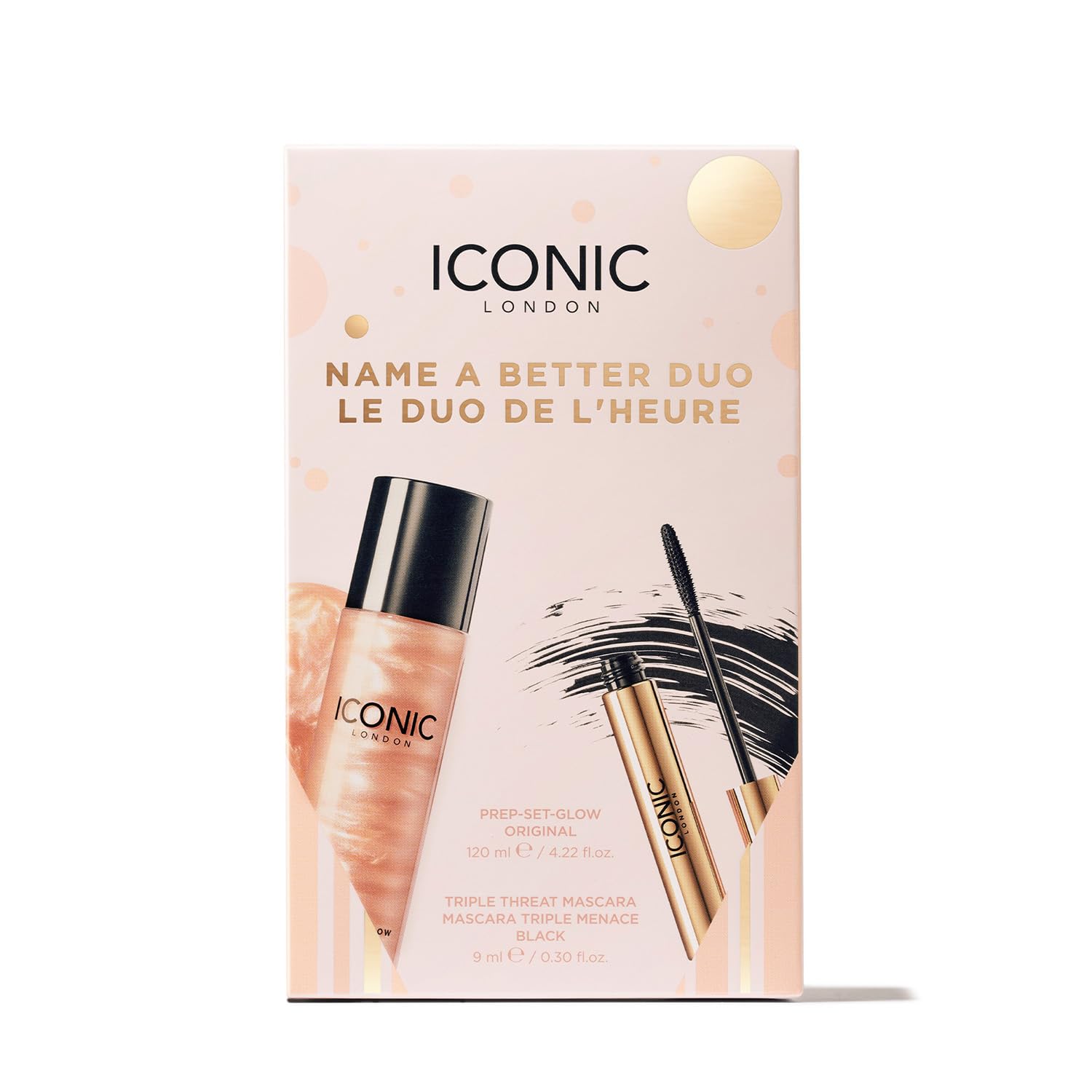 ICONIC LONDON Name a Better DUO box opened to reveal mascara and primer.