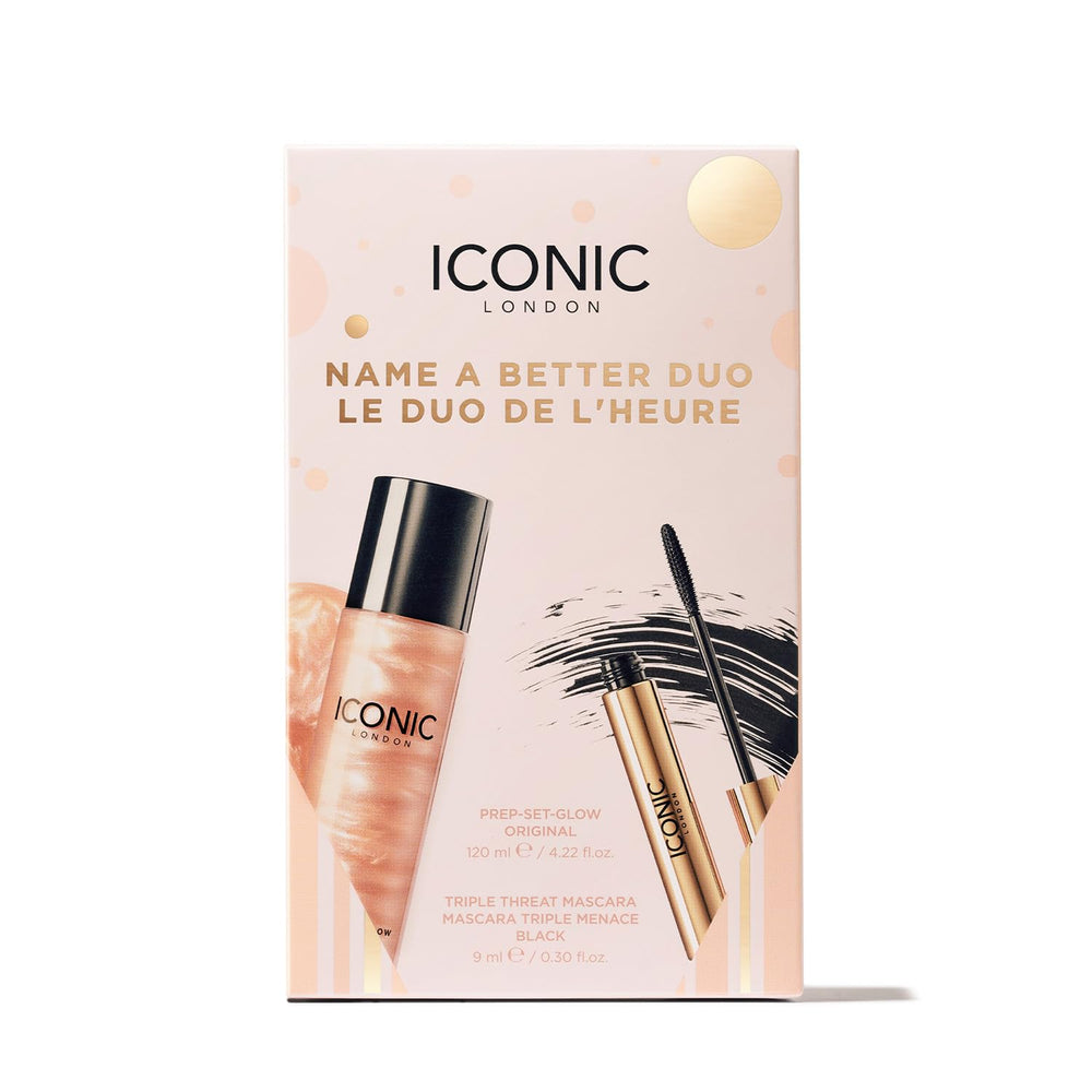 ICONIC LONDON Name a Better DUO box opened to reveal mascara and primer.