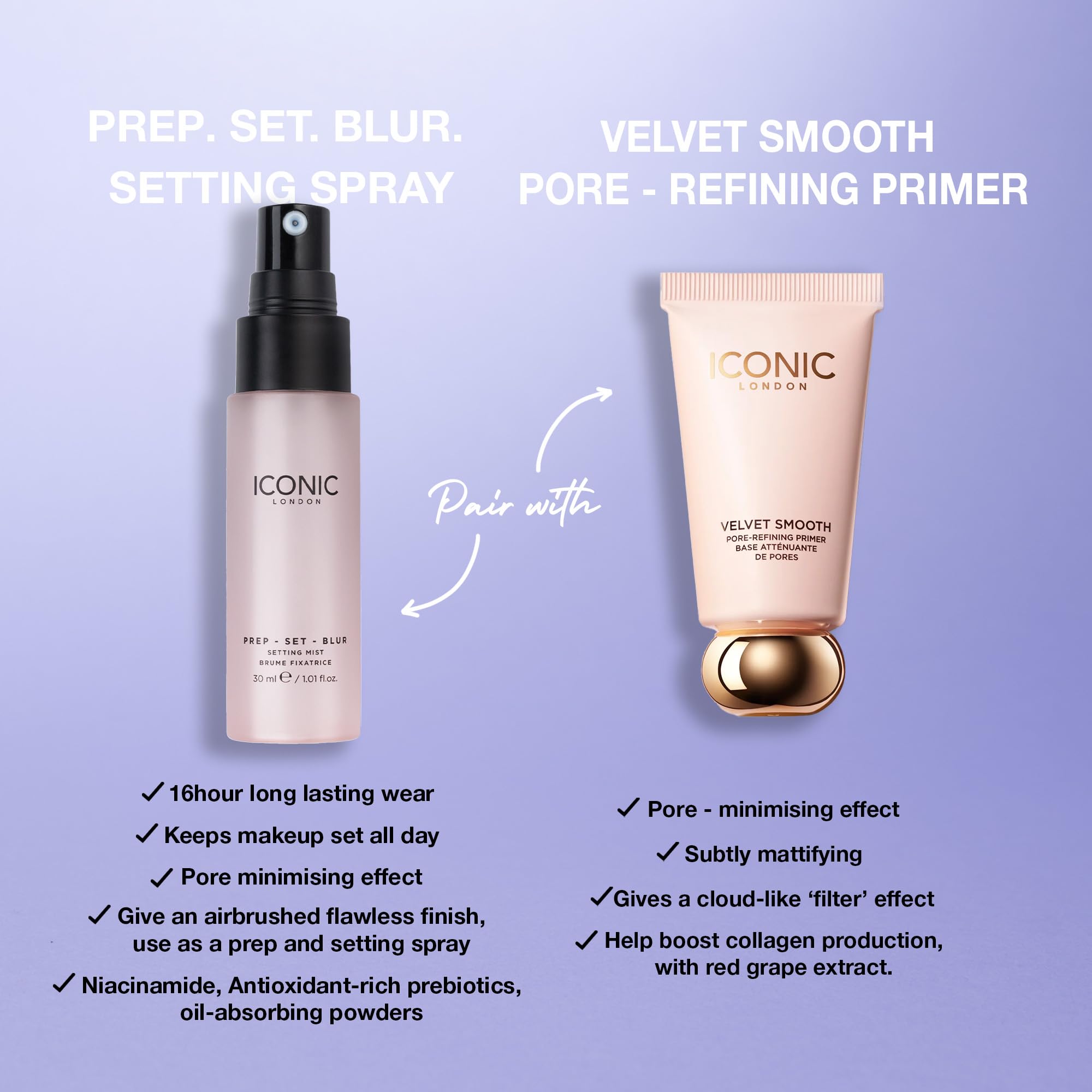 ICONIC LONDON Prep Set Blur finish shown as long-lasting, weightless hold.