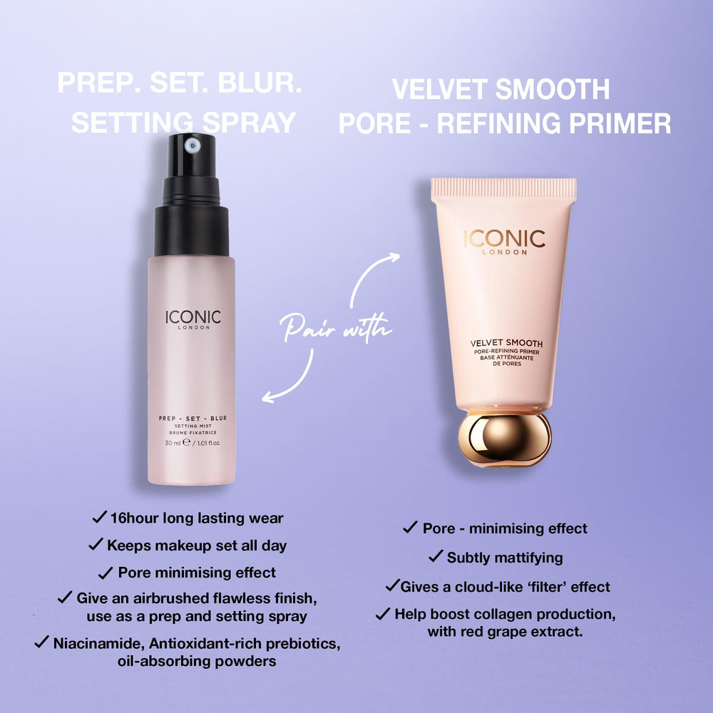 ICONIC LONDON Prep Set Blur finish shown as long-lasting, weightless hold.