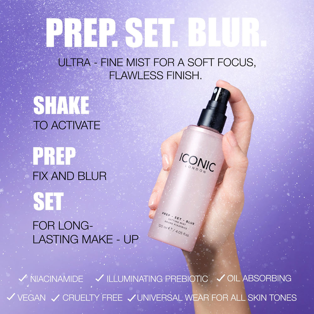 ICONIC LONDON Prep Set Blur mist dries weightlessly for natural glow.