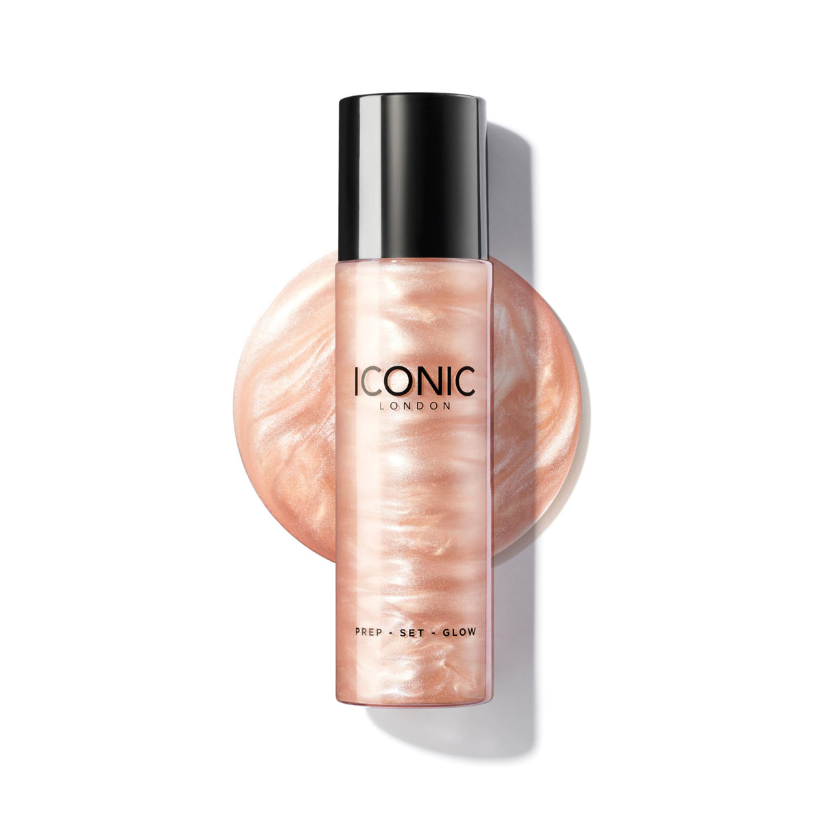 ICONIC LONDON Prep-Set-Glow bottle close-up shows hydrating glow for dewy skin.