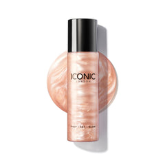 ICONIC LONDON Prep-Set-Glow bottle close-up shows hydrating glow for dewy skin.