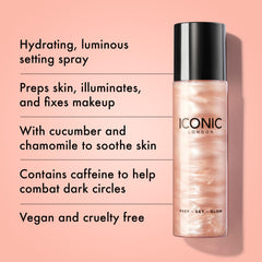 ICONIC LONDON Prep-Set-Glow mist stream highlights refreshing spray for pre-makeup hydration.