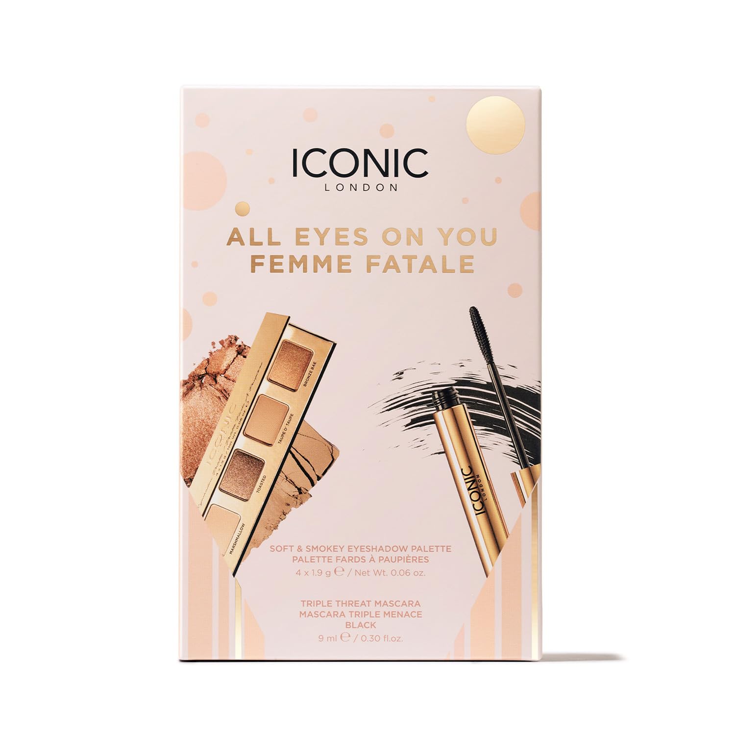 ICONIC LONDON Soft & Smokey palette swatches show rich color payoff and blendability.