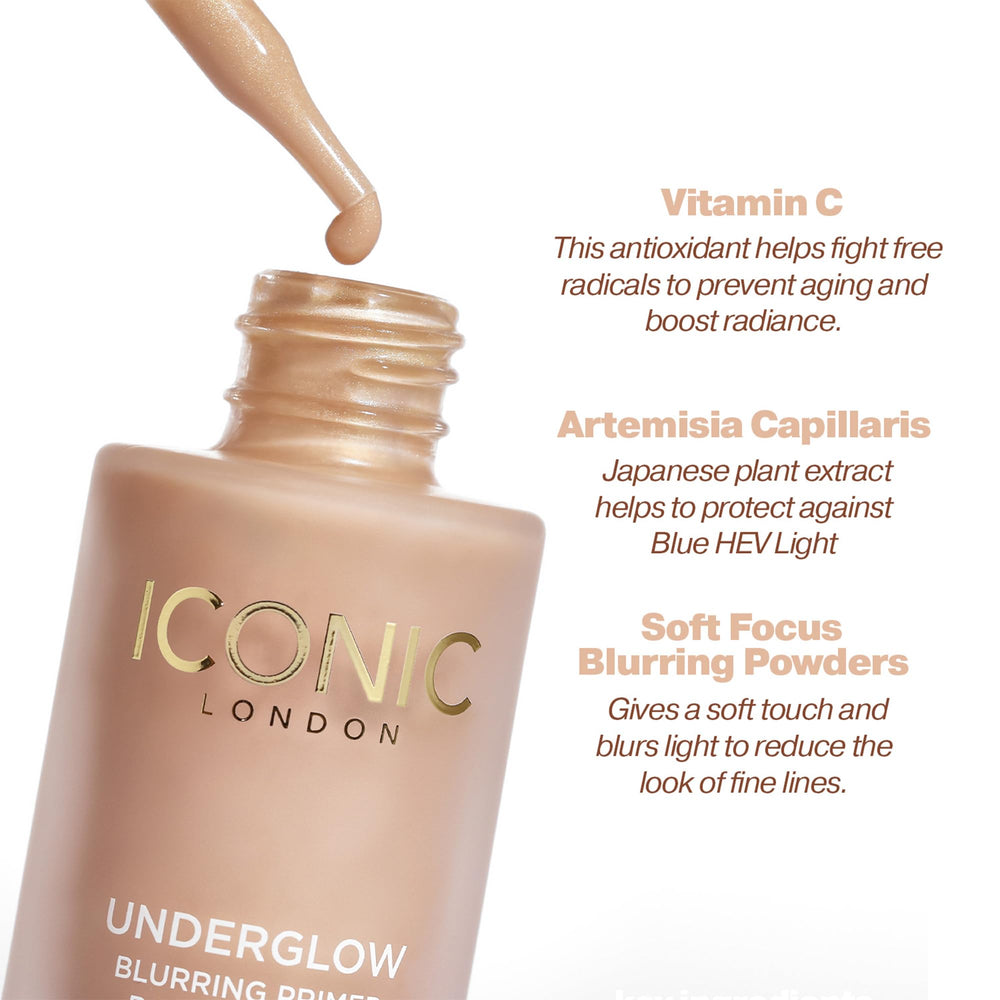 Iconic London Underglow Blurring Primer brush-application demonstrates easy smoothing for a refined base.