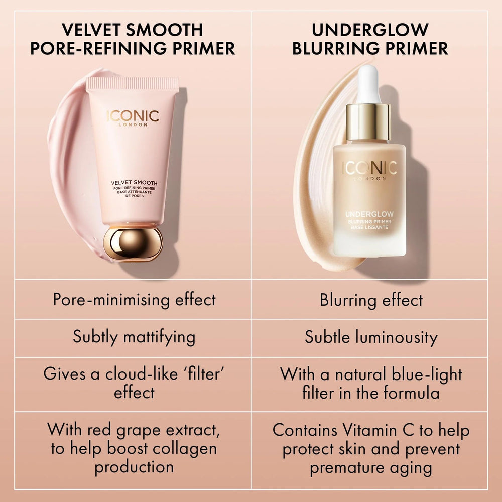 ICONIC LONDON Velvet Smooth Primer before-after face difference showing refinement.