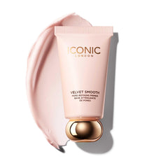 ICONIC LONDON Velvet Smooth Primer bottle closeup for velvety, even base.