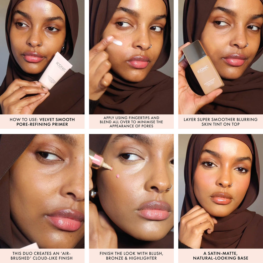 ICONIC LONDON Velvet Smooth Primer pore blur demonstrating subtle smoothing on skin.