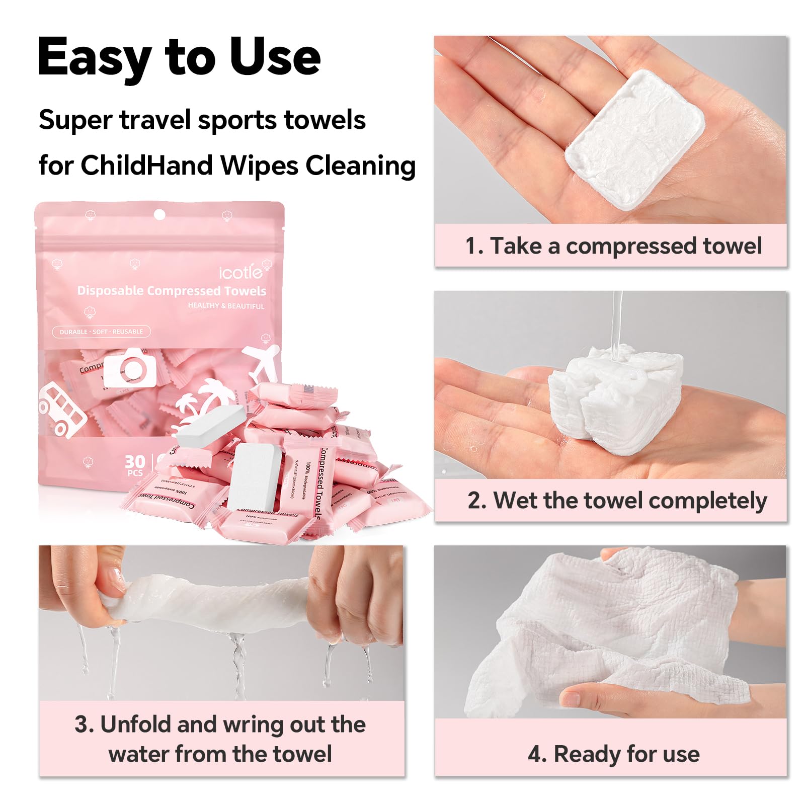 ICOTLE travel-kit setup with compact towels