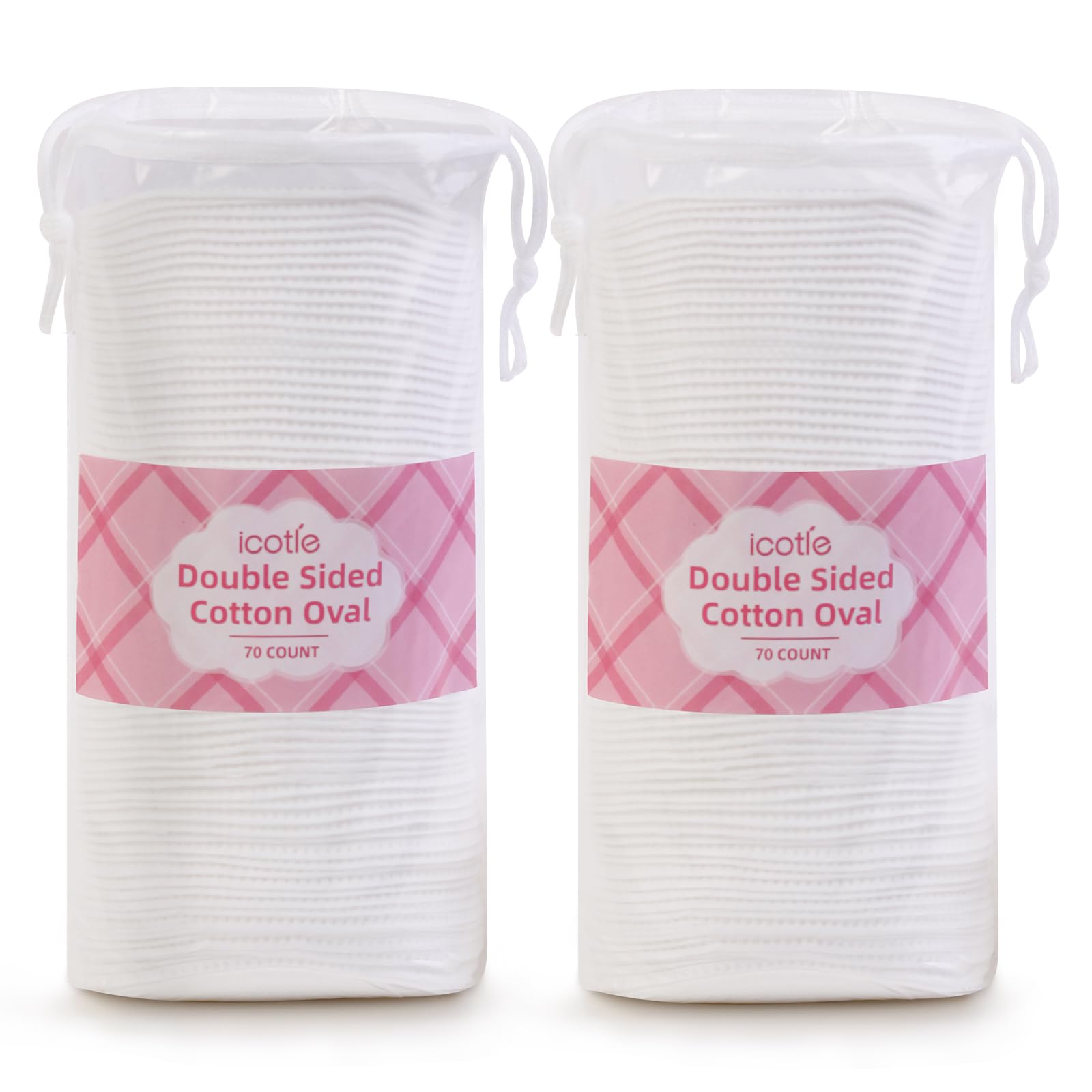 ICOTLE large oval cotton pad packaging highlights durability and multipurpose use for makeup removal.