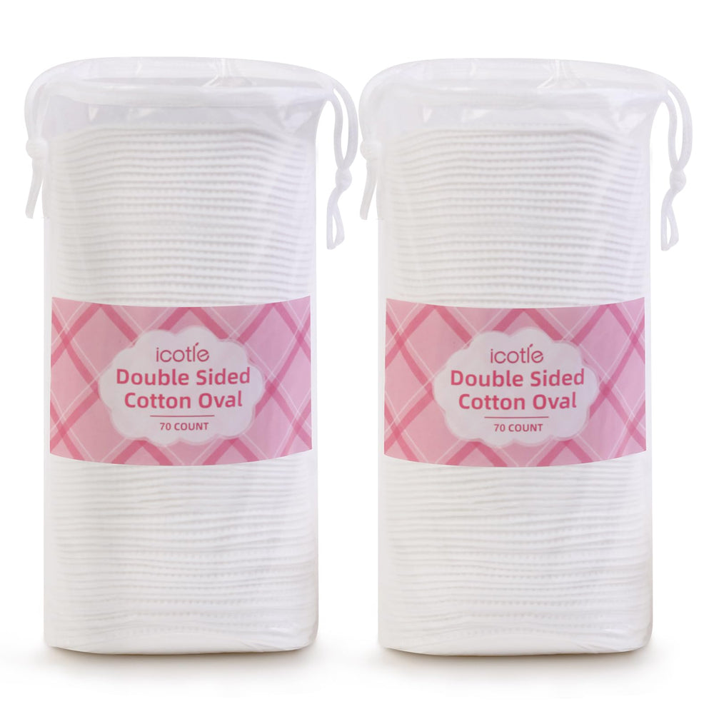 ICOTLE large oval cotton pad packaging highlights durability and multipurpose use for makeup removal.