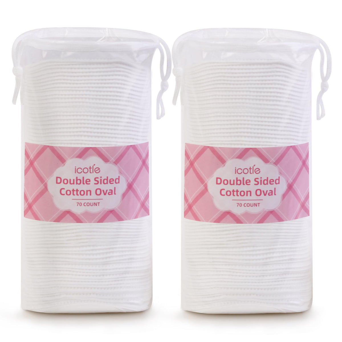 ICOTLE large oval cotton pad packaging highlights durability and multipurpose use for makeup removal.