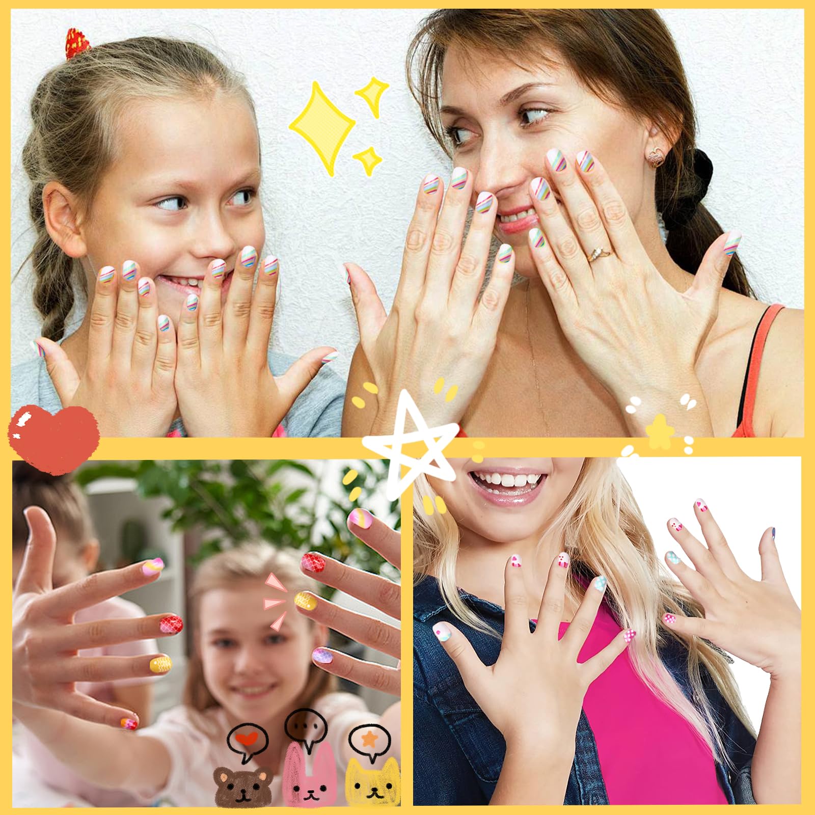 Gentle removal preserves natural nails while kids enjoy pretend manicures