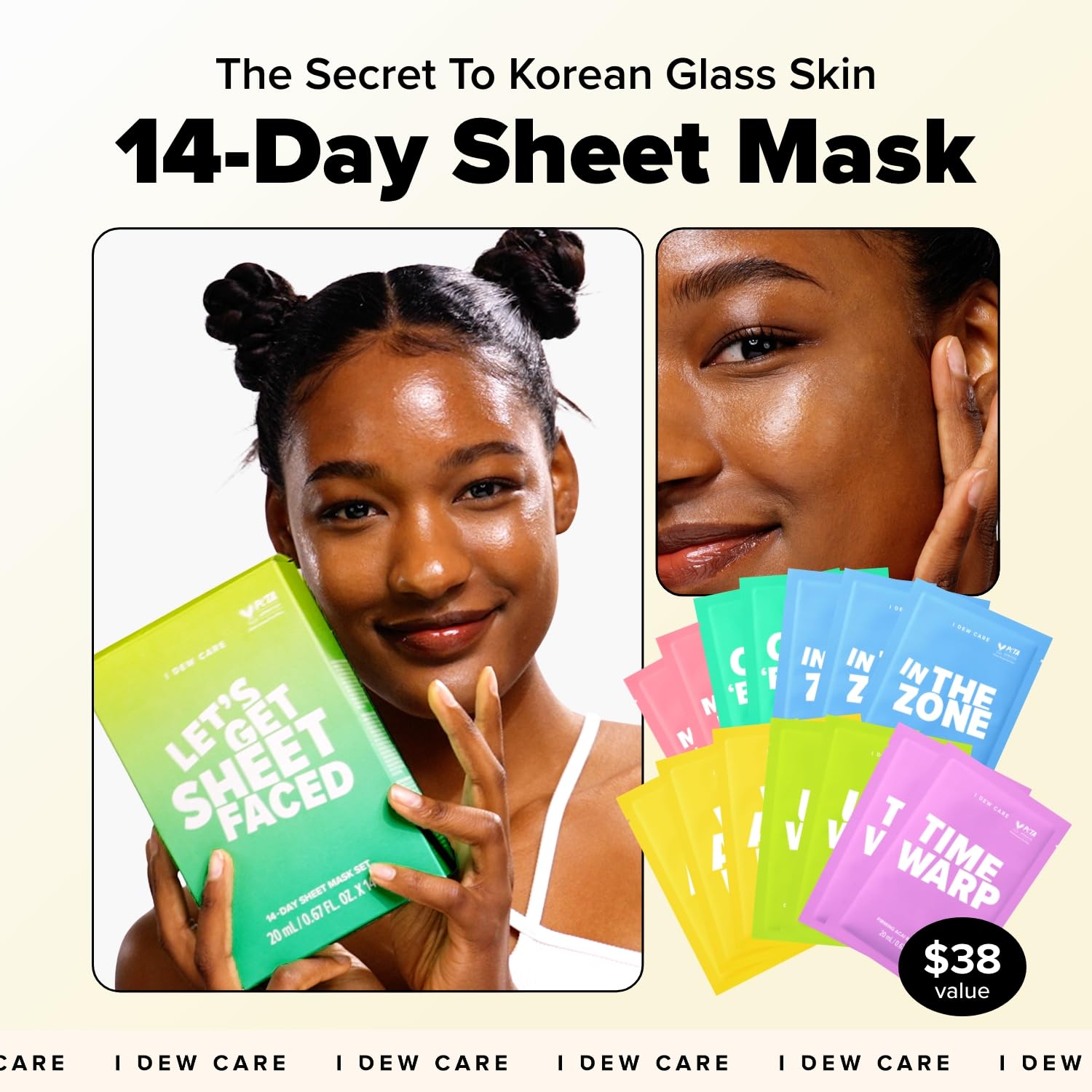 I DEW CARE collagen mask variety pack sheets detail highlighting the value set for hydration
