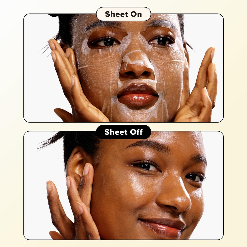 I DEW CARE MORNING DEW mask close-up emphasizing dewy, moisturized look