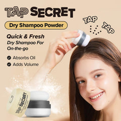 Close-up of Tap Secret Trio powder being dispensed for quick oil absorption