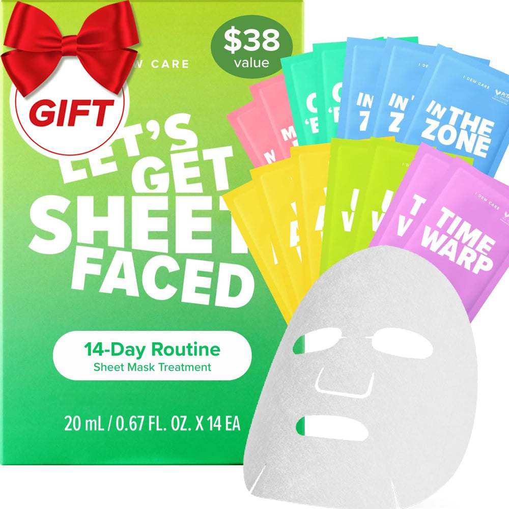 I DEW CARE collagen sheet mask variety pack image showing 14 masks for hydration routine.