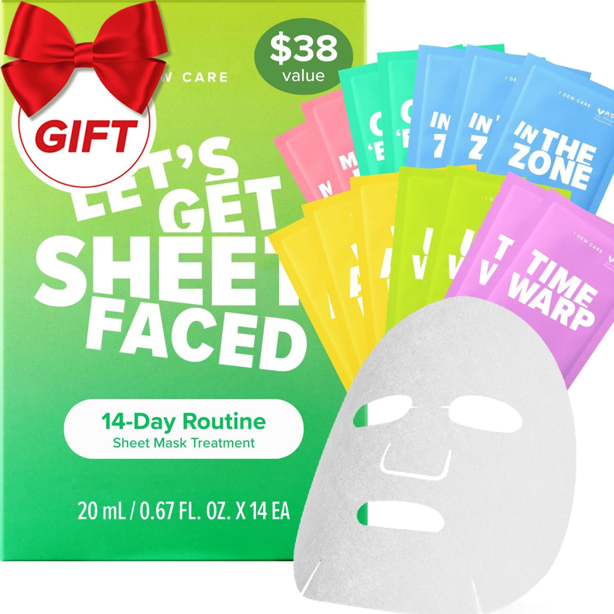 I DEW CARE collagen sheet mask variety pack image showing 14 masks for hydration routine.