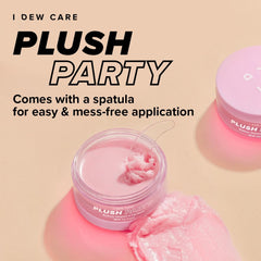 I DEW CARE Plush Party with cocoa butter image emphasizes nourishing emollients for supple lips.