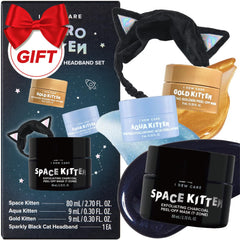 I DEW CARE Space Kitten mask application close-up promotes exfoliation and refreshed skin.