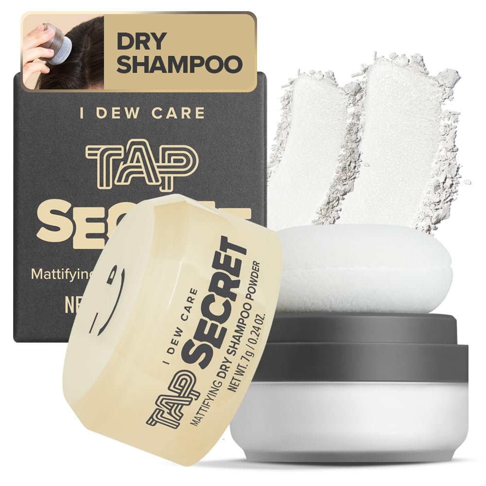 I DEW CARE Tap Secret dry shampoo bottle pours for quick refresh on the go.