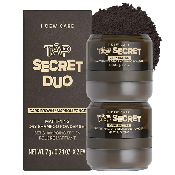 I DEW CARE Tap Secret Dark Brown dry shampoo tub front for quick, non-aerosol refresh between washes.