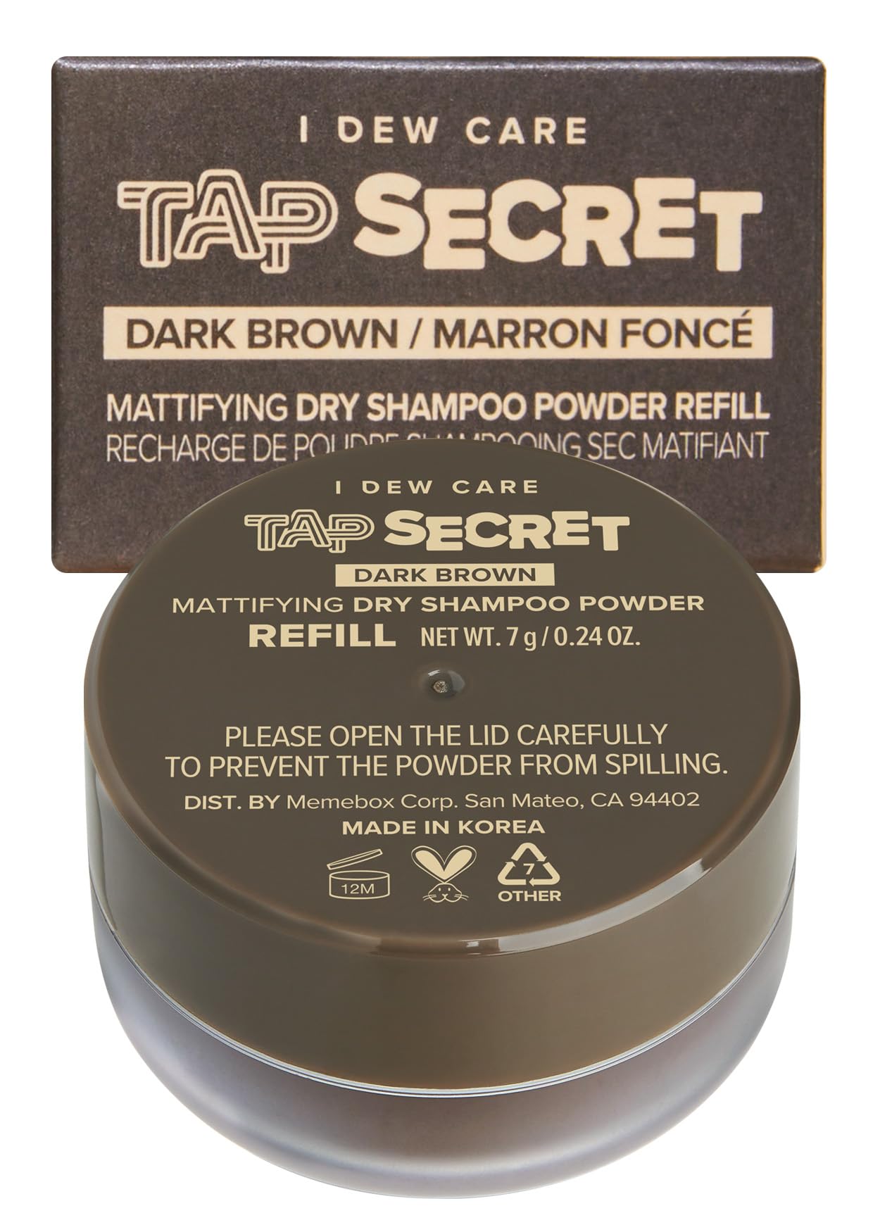 I DEW CARE Tap Secret Dark Brown dry shampoo tub refreshes brunette hair