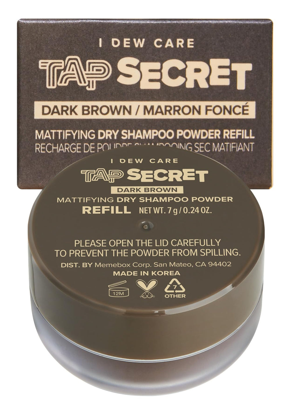 I DEW CARE Tap Secret Dark Brown dry shampoo tub refreshes brunette hair