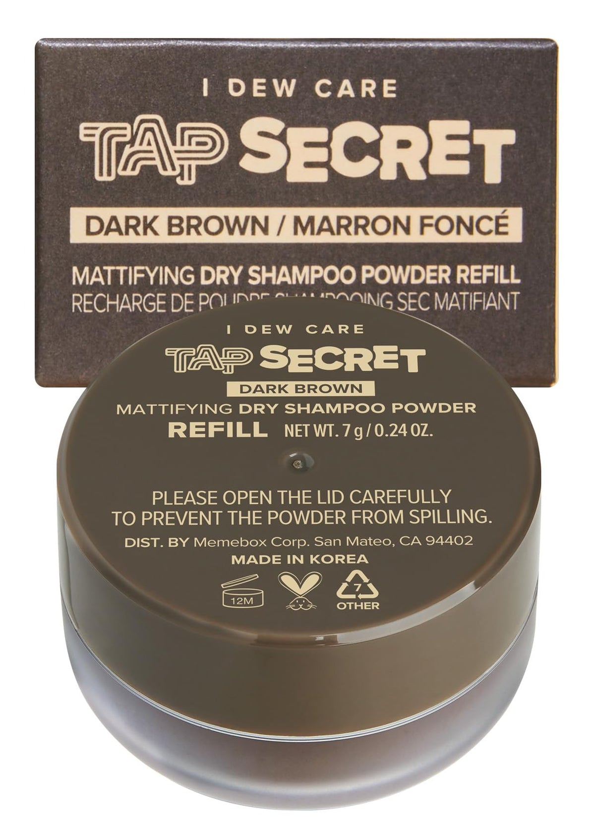 I DEW CARE Tap Secret Dark Brown dry shampoo tub refreshes brunette hair