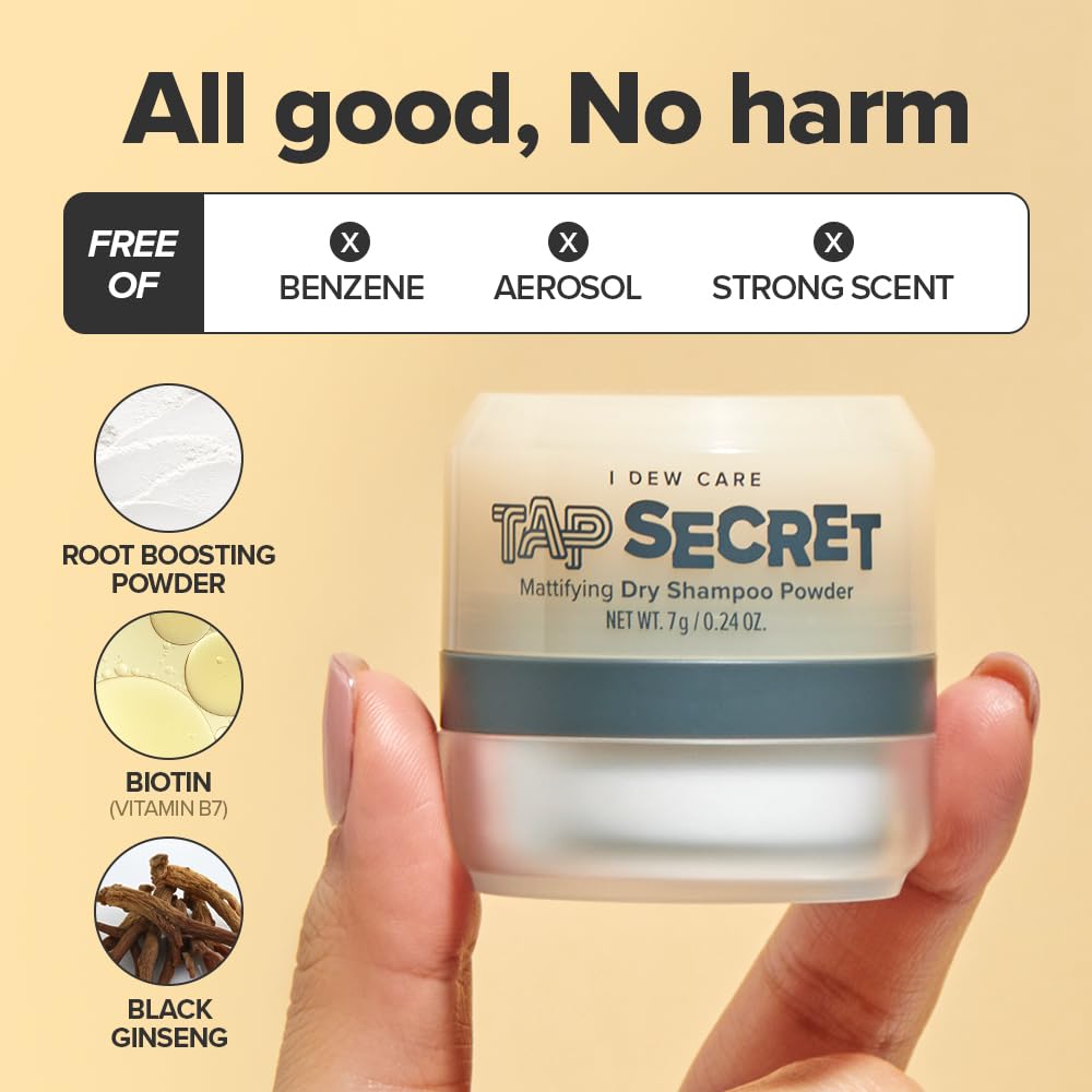 I DEW CARE Tap Secret powder application on dark hair with invisible finish.