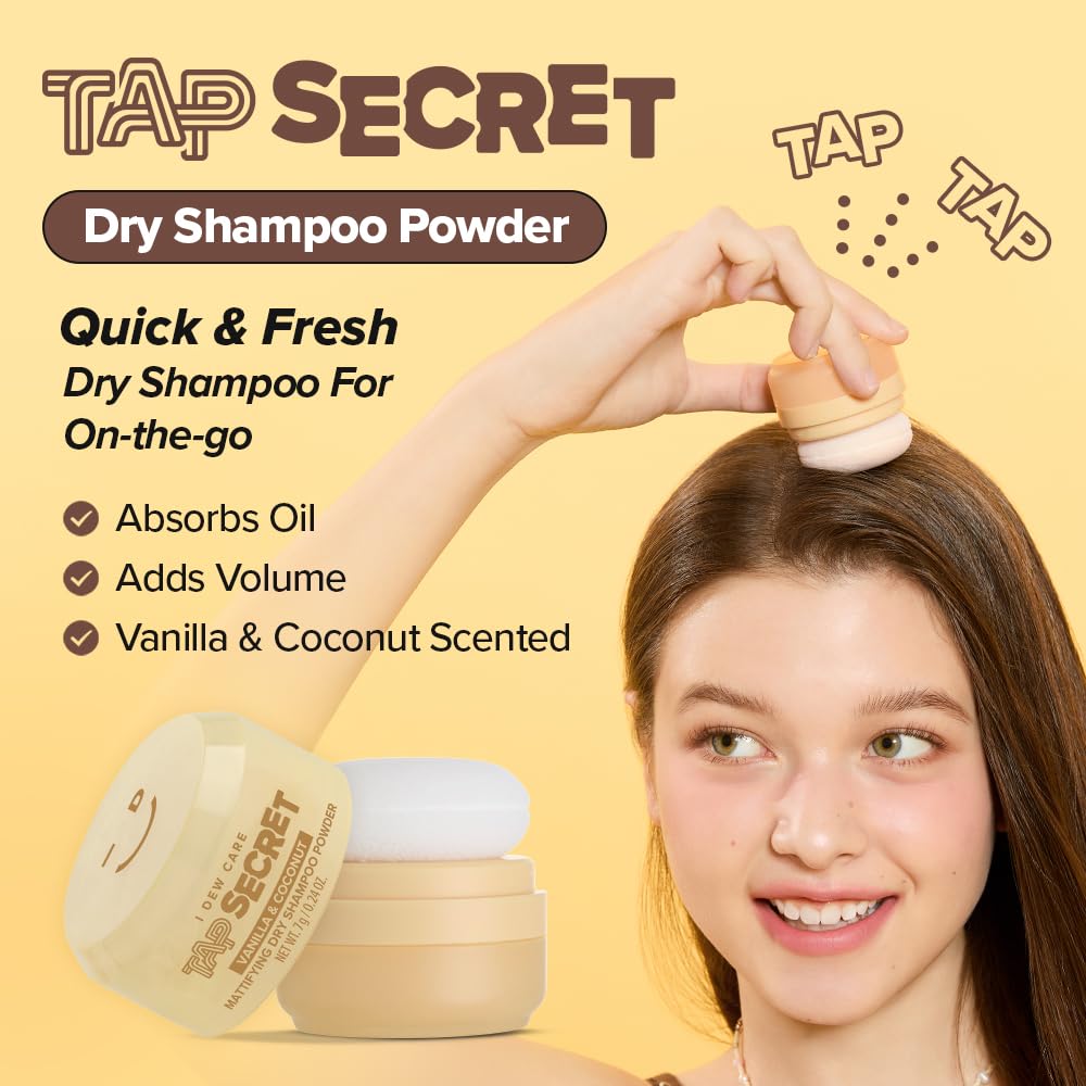 I DEW CARE Tap Secret dry shampoo powder applying puff for easy, mess-free refresh.