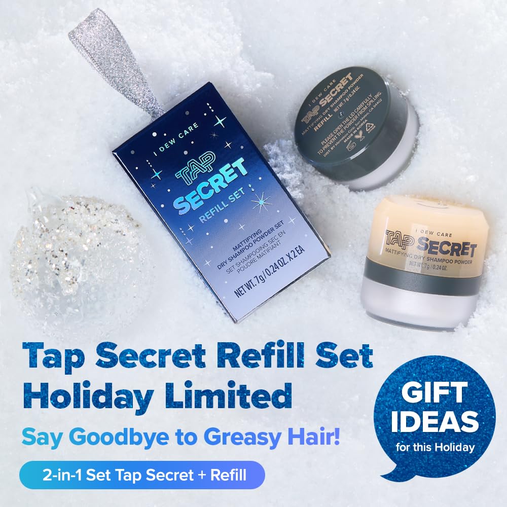 I DEW CARE Tap Secret dry shampoo powder close-up showing ultra-fine texture for volume