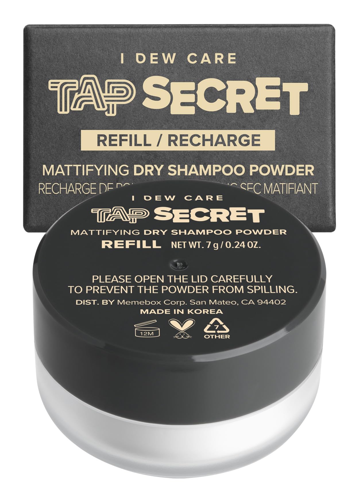 I DEW CARE Tap Secret dry shampoo refill tub for travel refreshment.