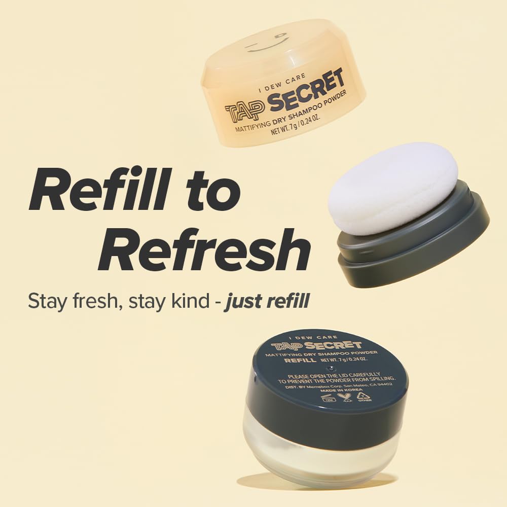 I DEW CARE Tap Secret refill packaging shown as compact non-aerosol design for eco-friendly use.